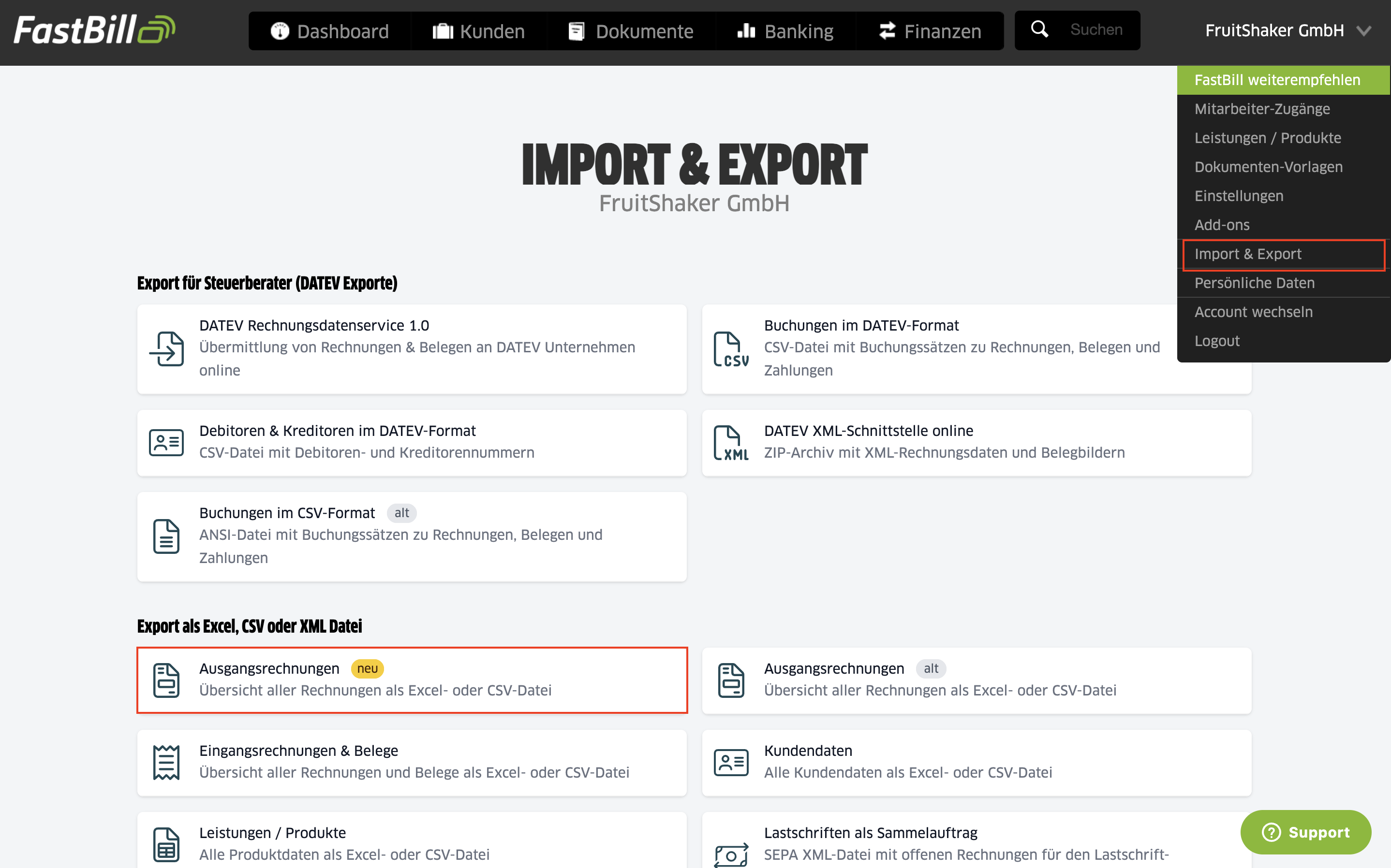 Export Ausgangsrechnungen