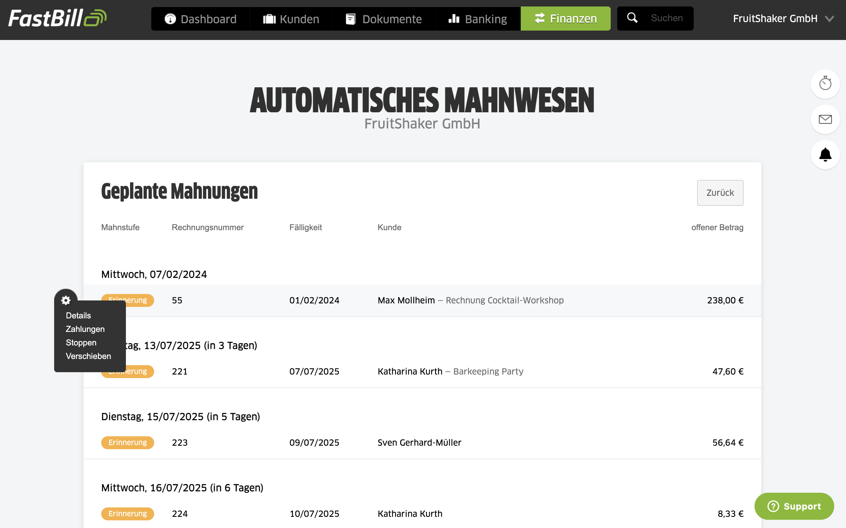 Hier siehst du auf einen Blick, welche Zahlungserinnerungen und Mahnungen als
  nächstes verschickt werden