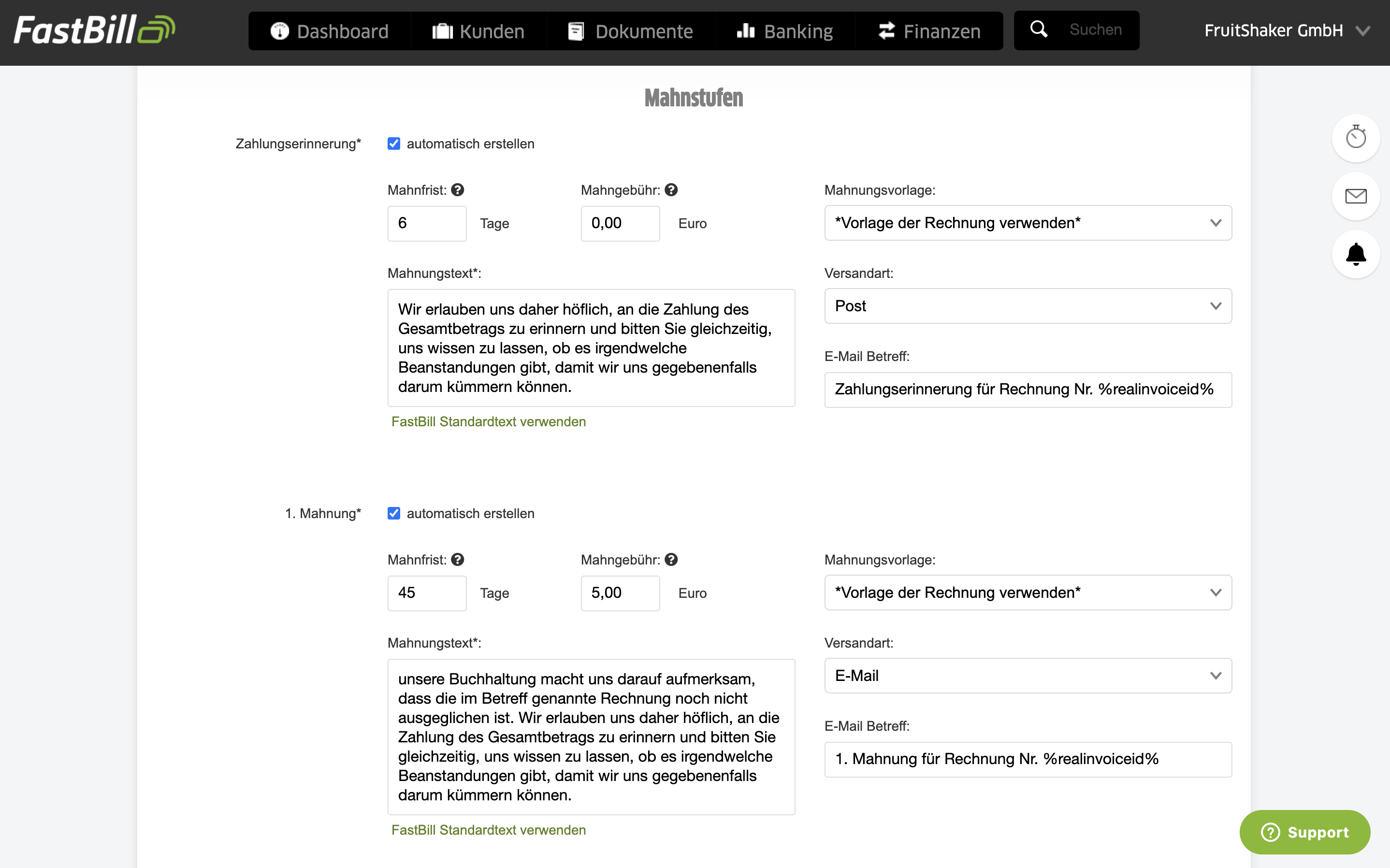 Der Mahntext stellt jenen Inhalt dar, der auf dem Mahndokument
    hinterlegt wird.