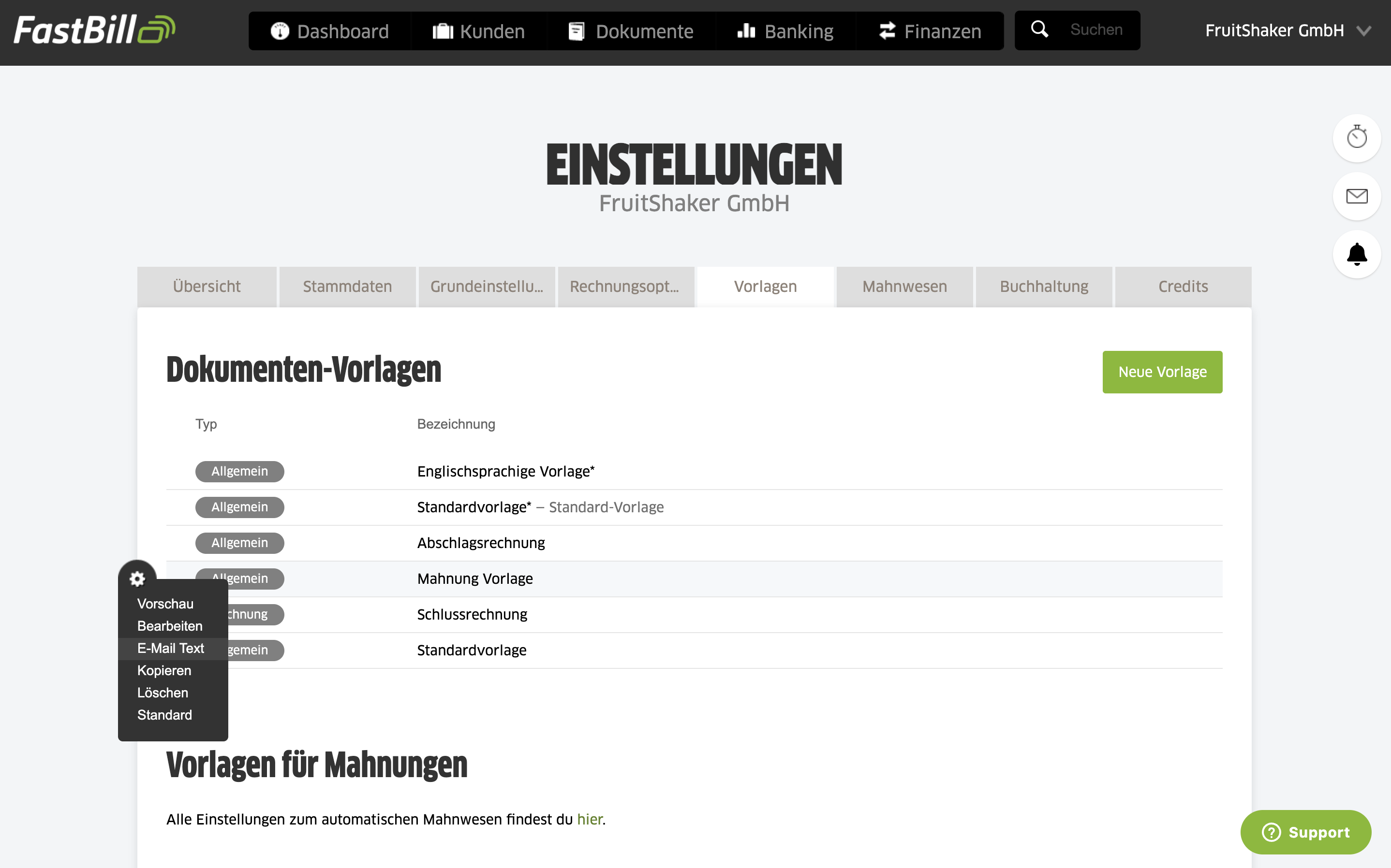 Die Anrede und Signatur können in den Dokumentenvorlagen in der Liste über das Zahnrad eingetragen werden