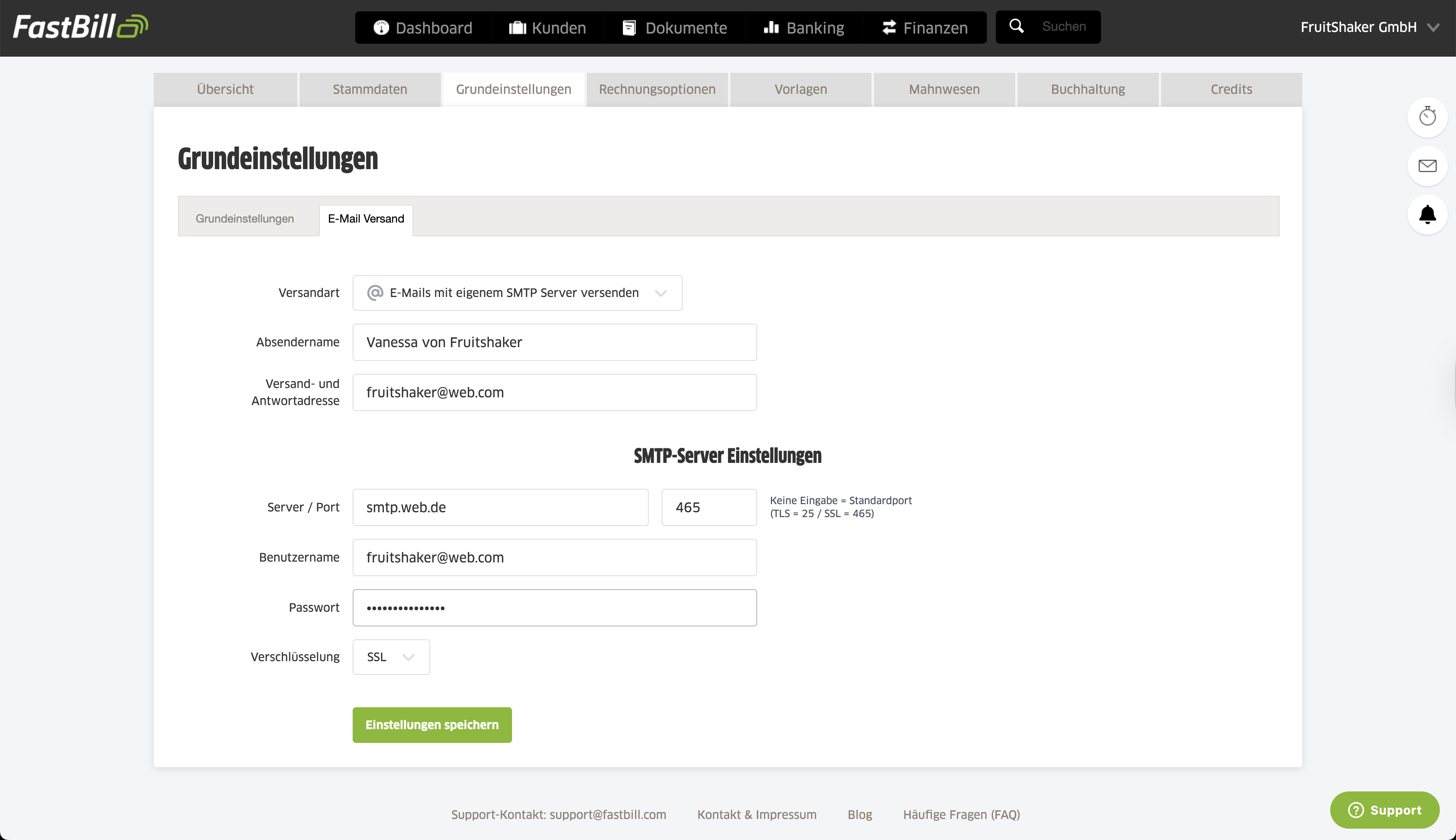Die Daten des SMTP-Servers kannst du in den Grundeinstellungen unter E-Mail Optionen&nbsp;hinterlegen. Hier ein Beispiel für ausgefüllte SMTP-Daten