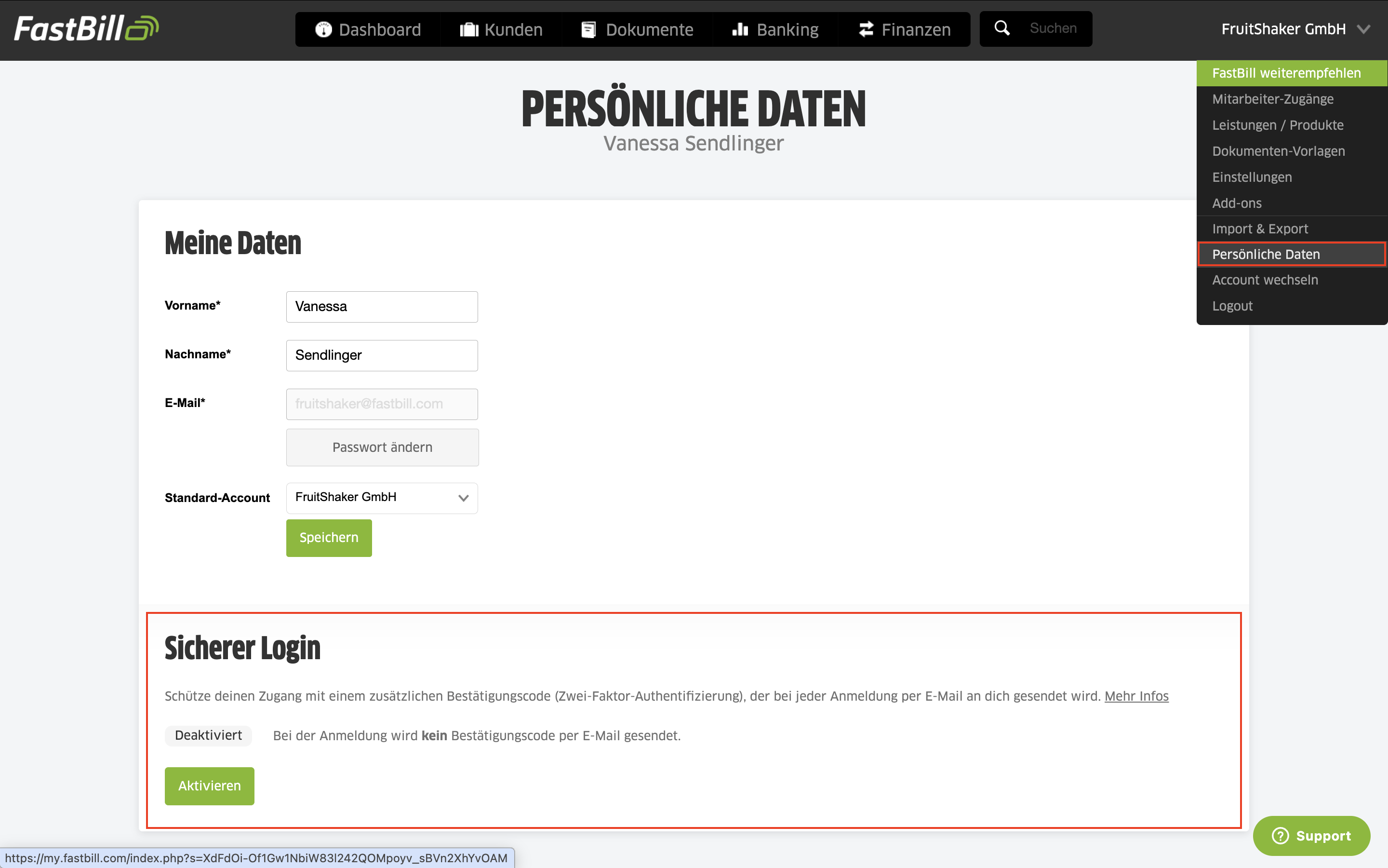 Aktiviere den sicheren Login (2FA) in FastBill