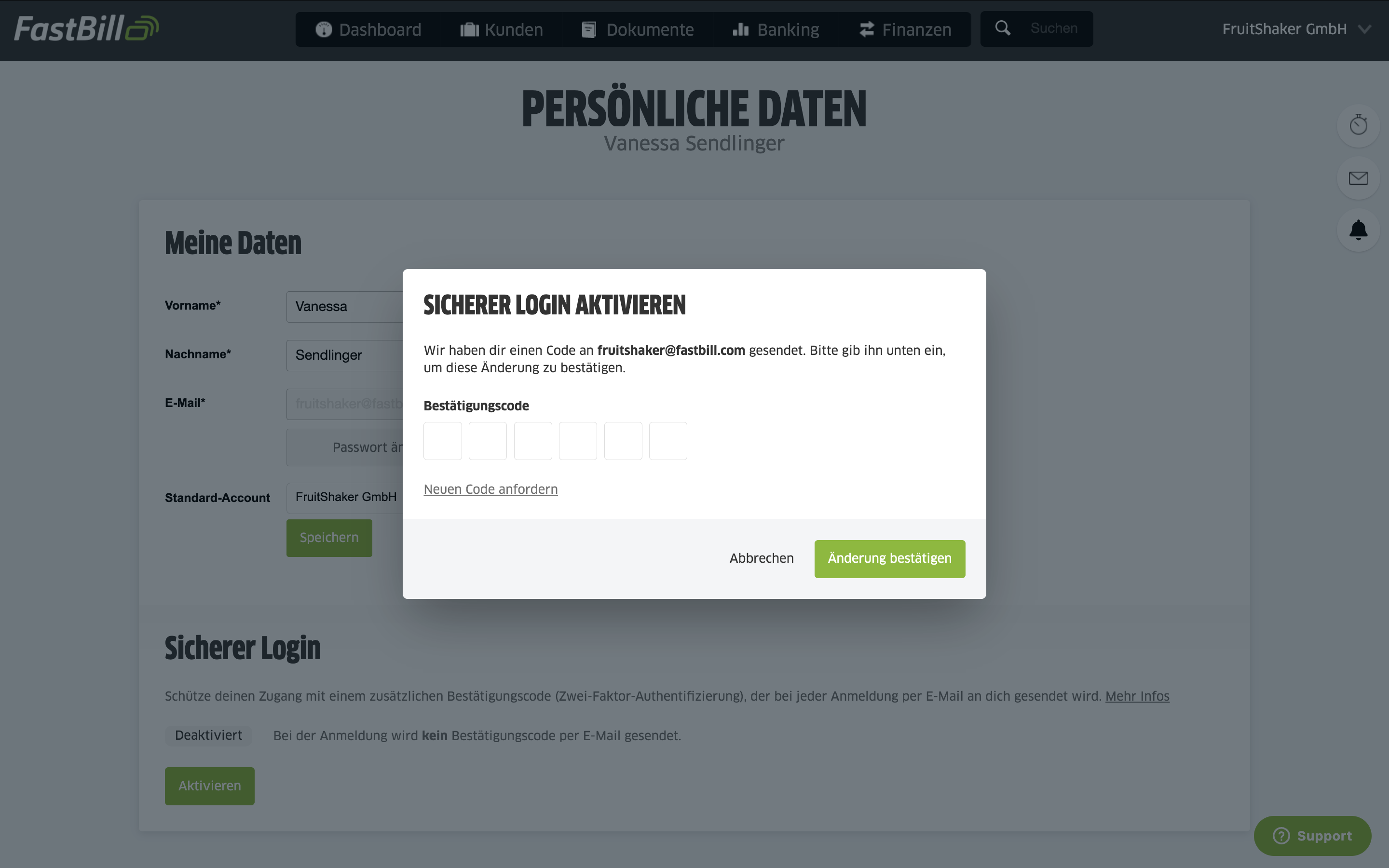 Code für 2FA eingeben
