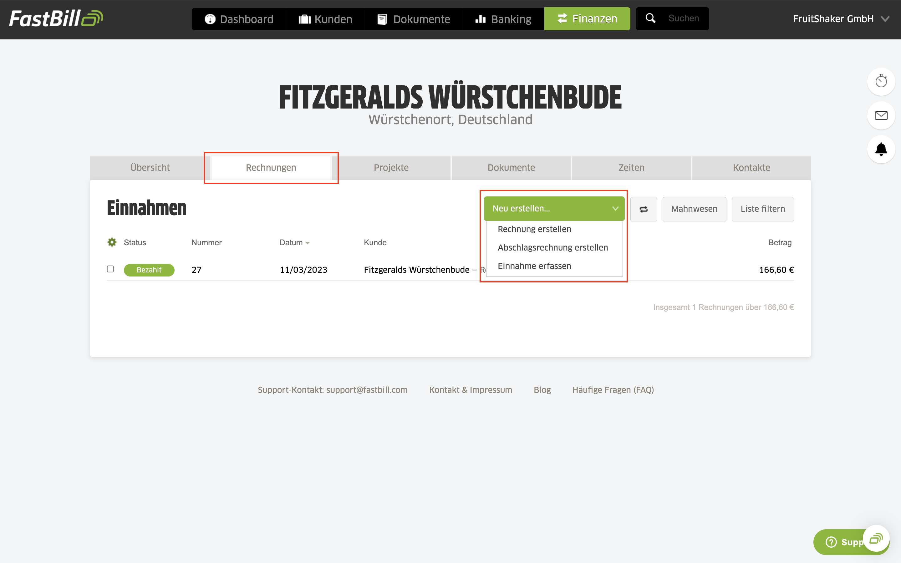 Über den Kundendatensatz: Öffne den Kunden und wähle im Reiter Rechnungen die Option Neu erstellen.