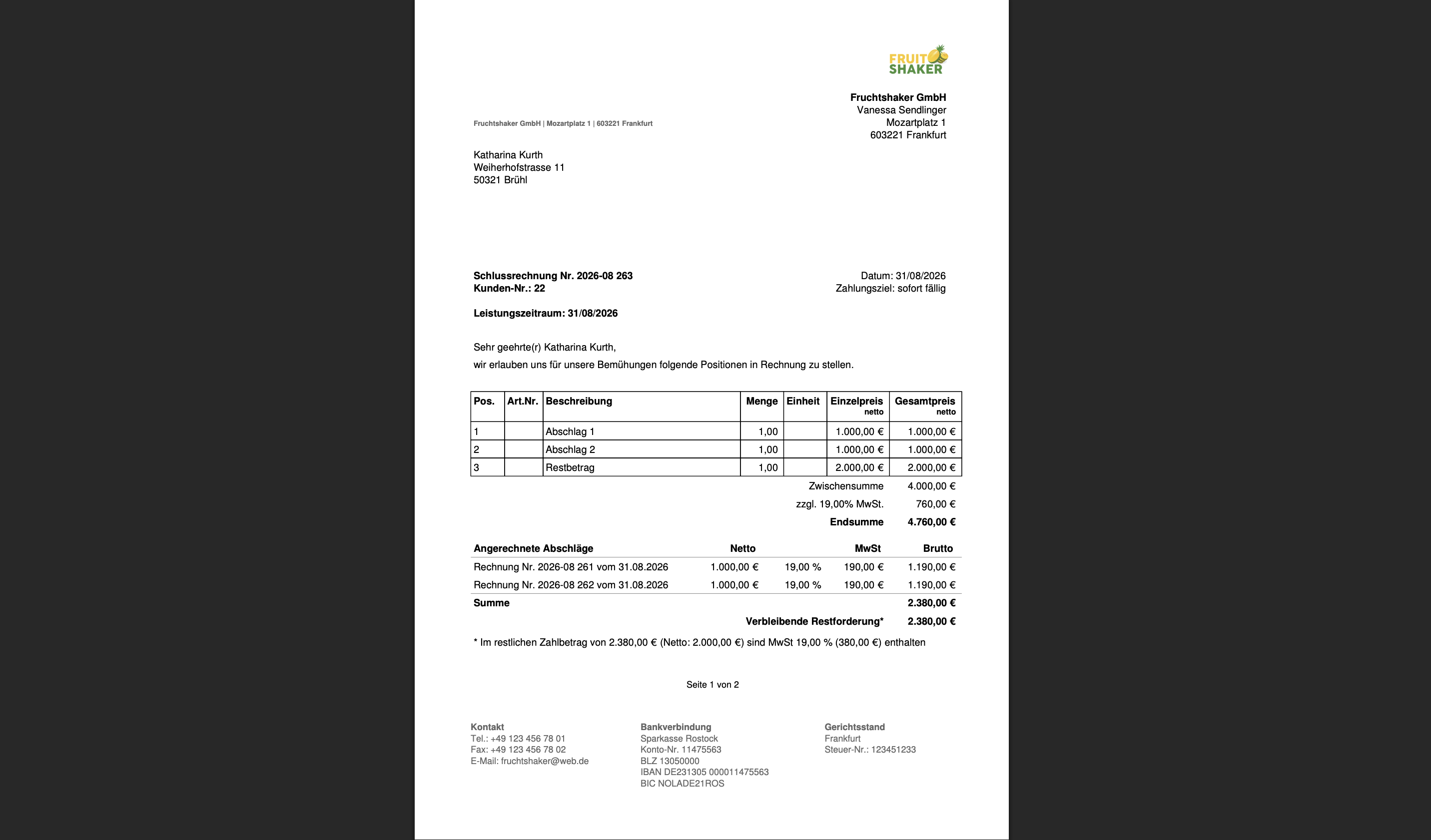 Darstellung auf dem PDF der Schlussrechnung
