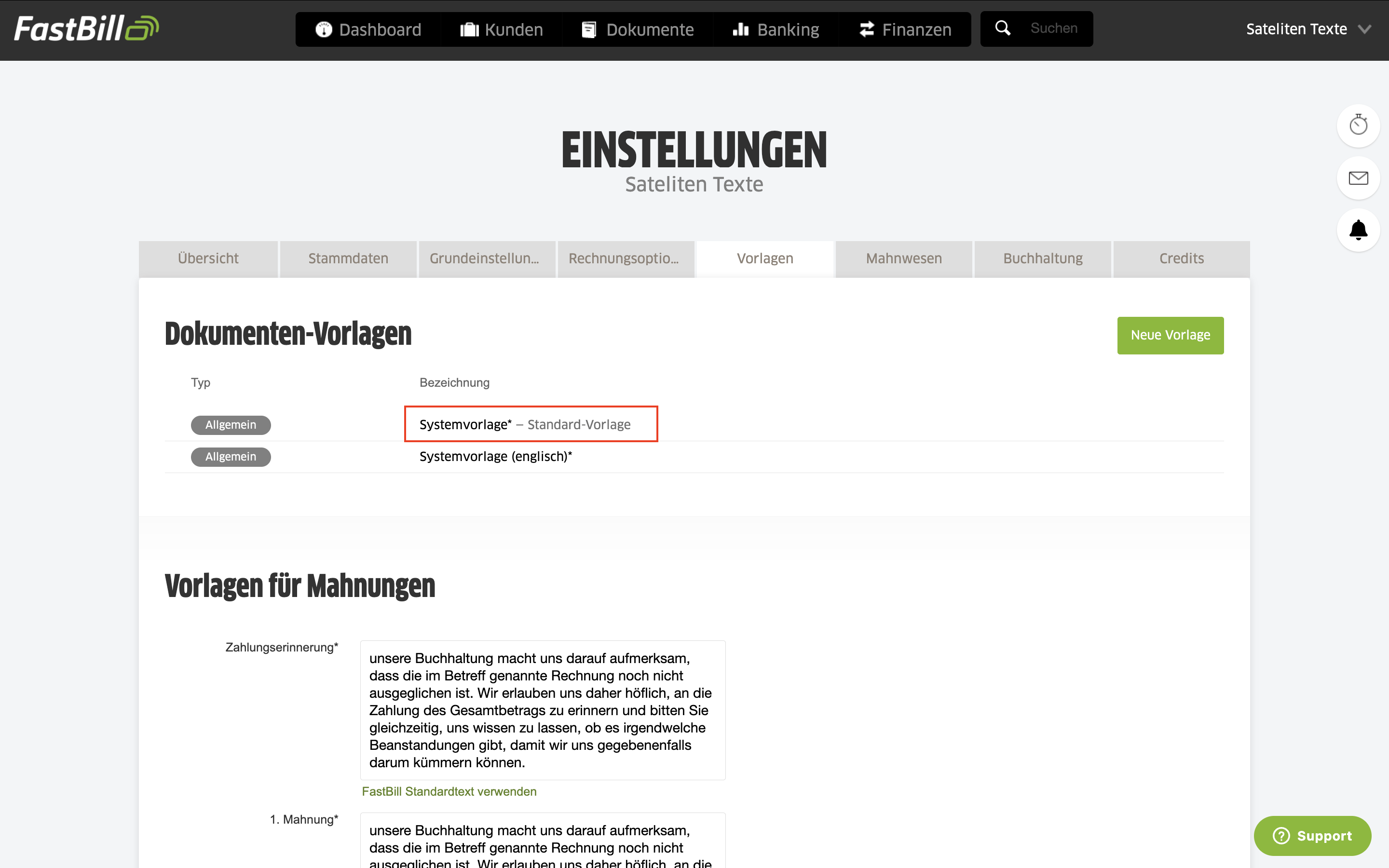 In der Dokumentenvorlagen-Ansicht erkennst du die festgelegte Standardvorlage an dem Bezeichnungszusatz "Standard-Vorlage"