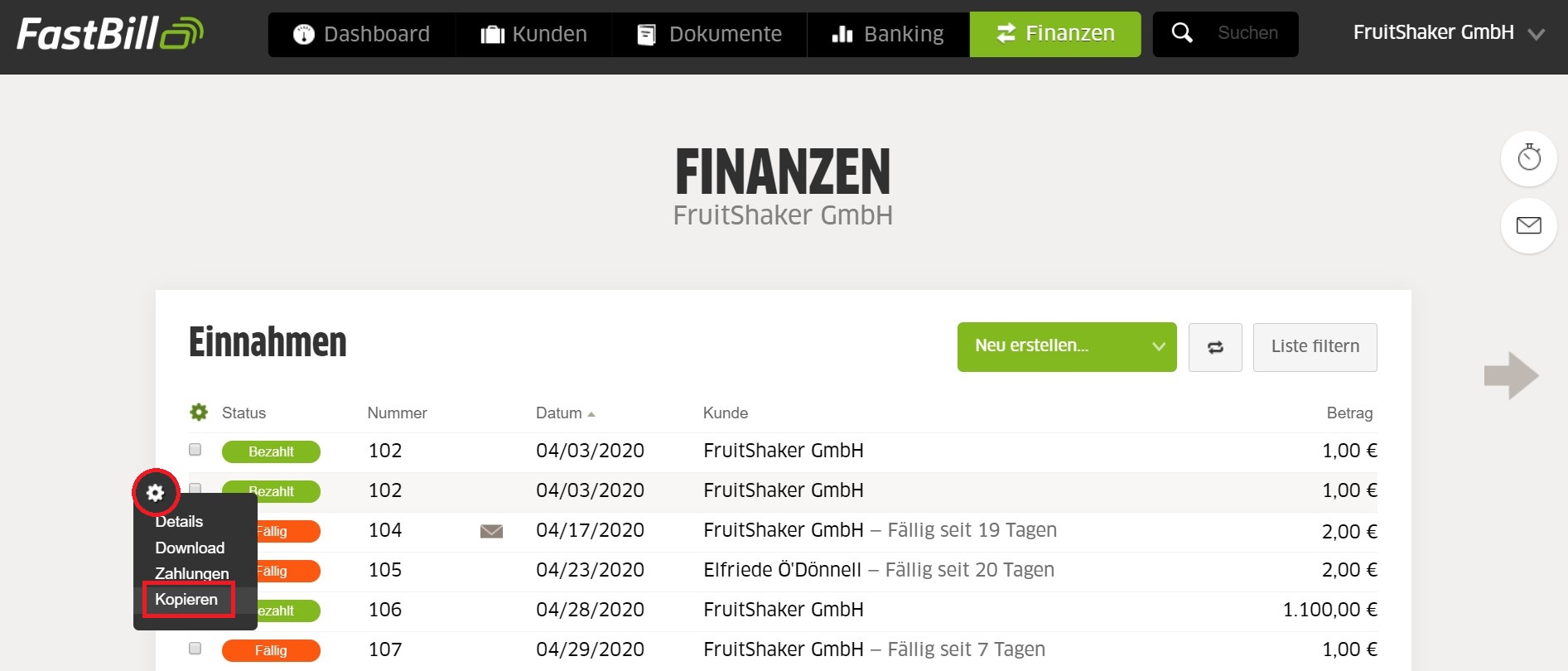 Rechnungen kopieren in FastBill